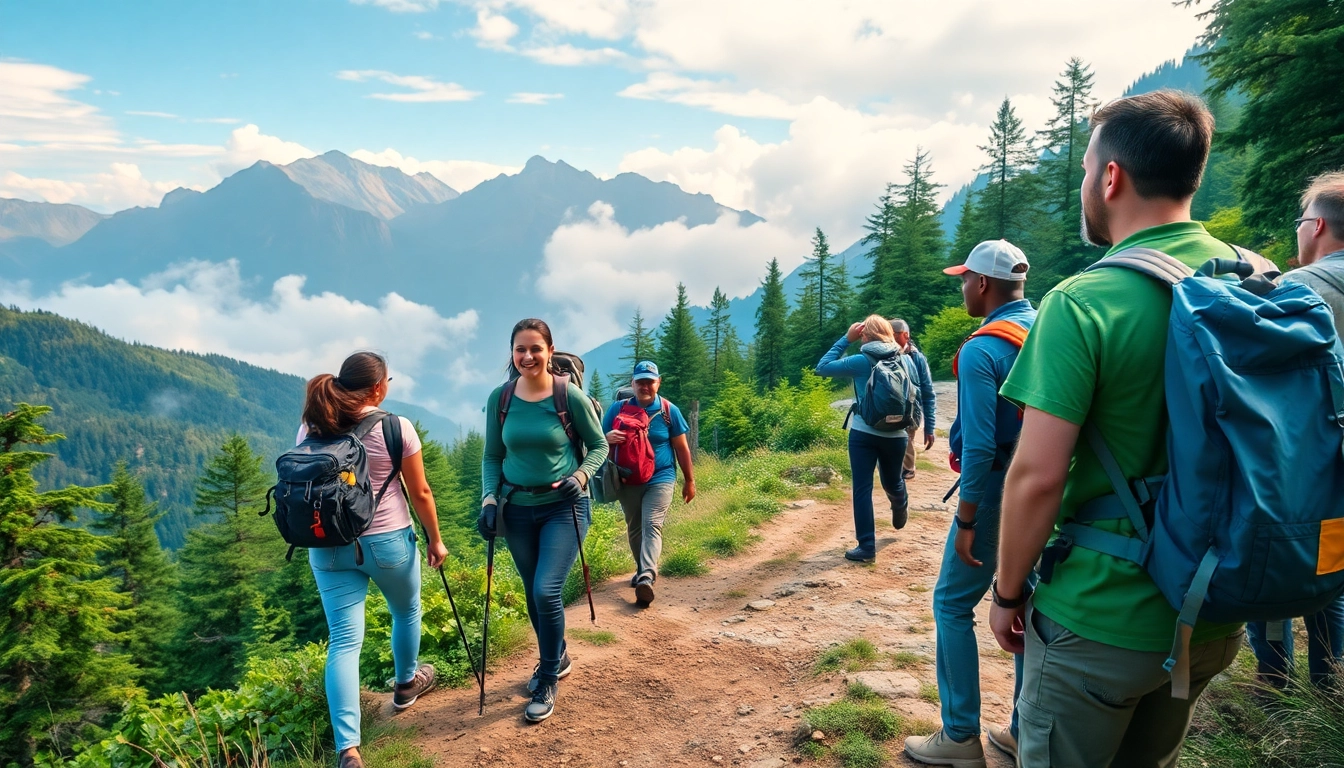 Guided hike through lush forest with trail guides leading adventurous explorers on scenic mountain paths, showcasing expert leadership and natural beauty.