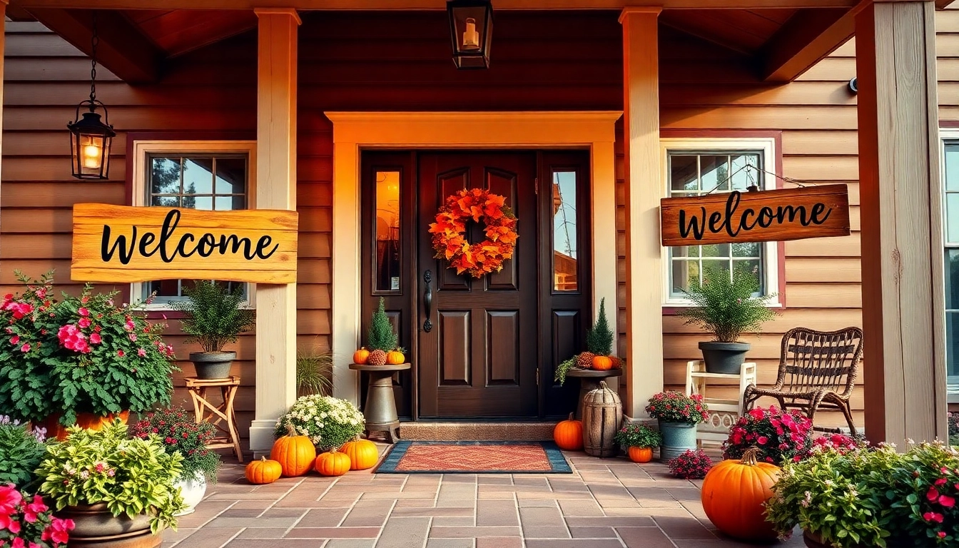 Front porch with personalized welcome signs creating a warm greeting for guests and enhancing curb appeal with rustic decor.
