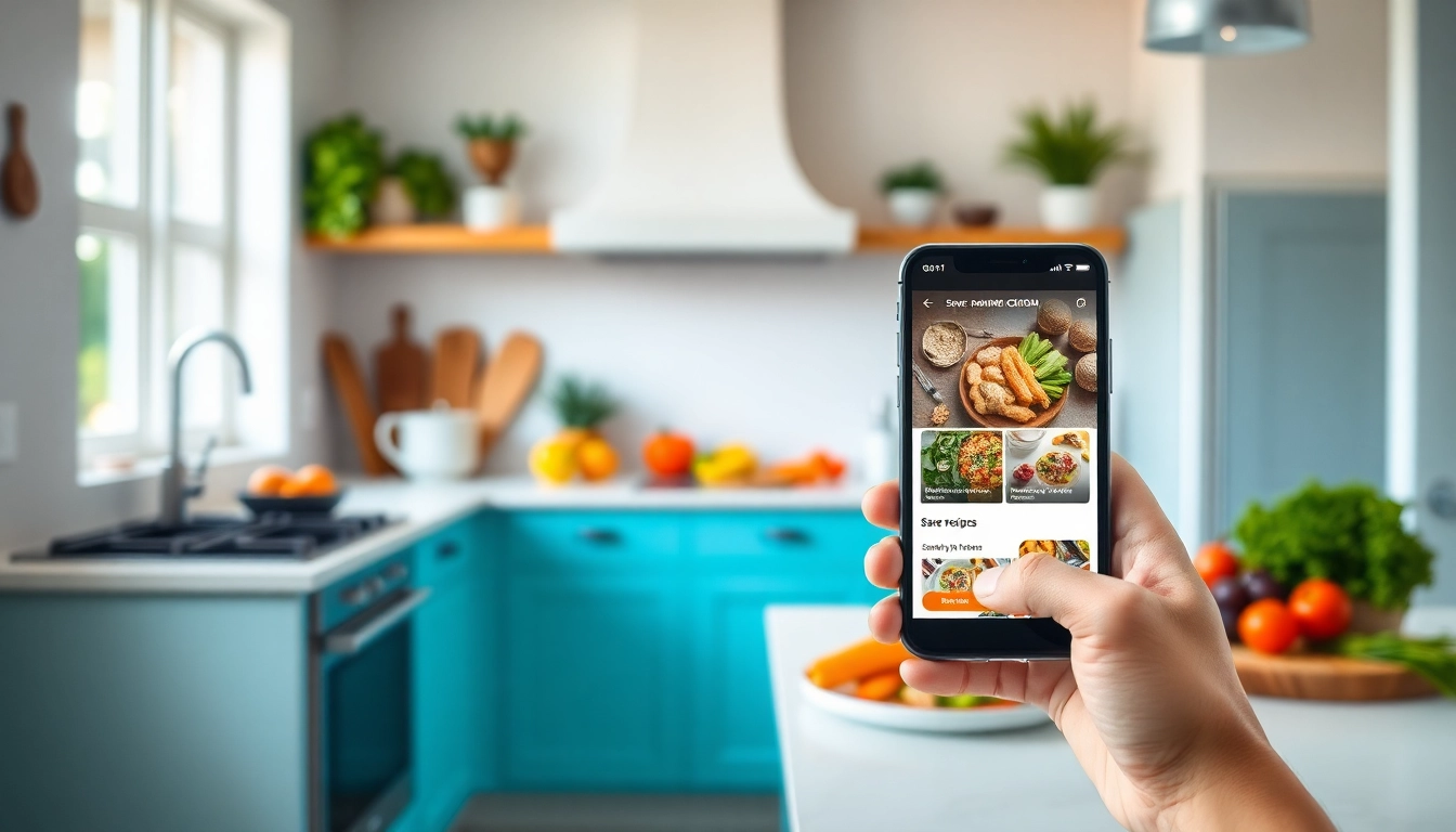 Elegant kitchen setup showing save recipes from anywhere with a user saving a recipe on their device.