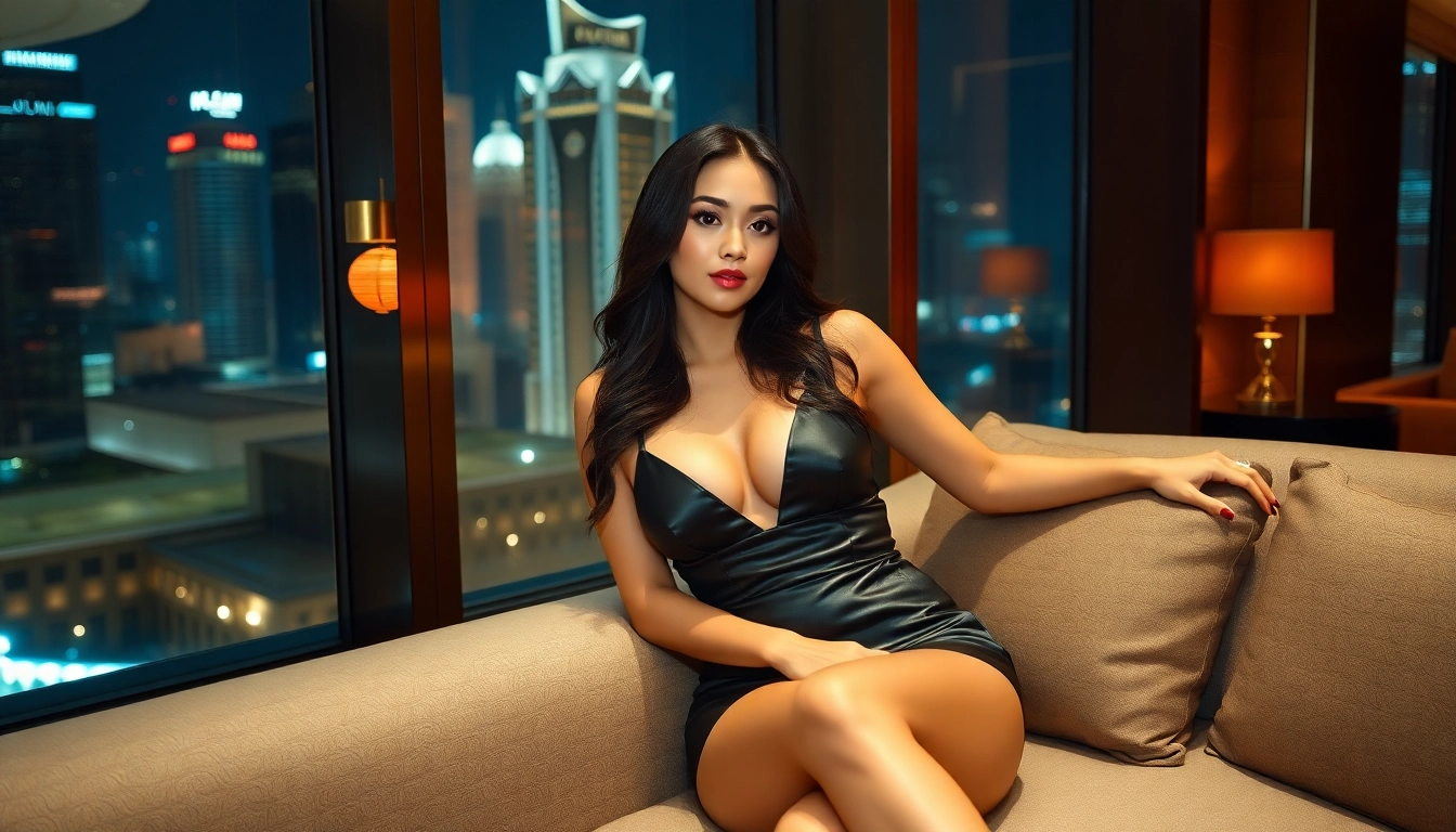 KL escort girl in glamorous setting engaging with a confident smile, showcasing beauty and elegance for discerning clients.