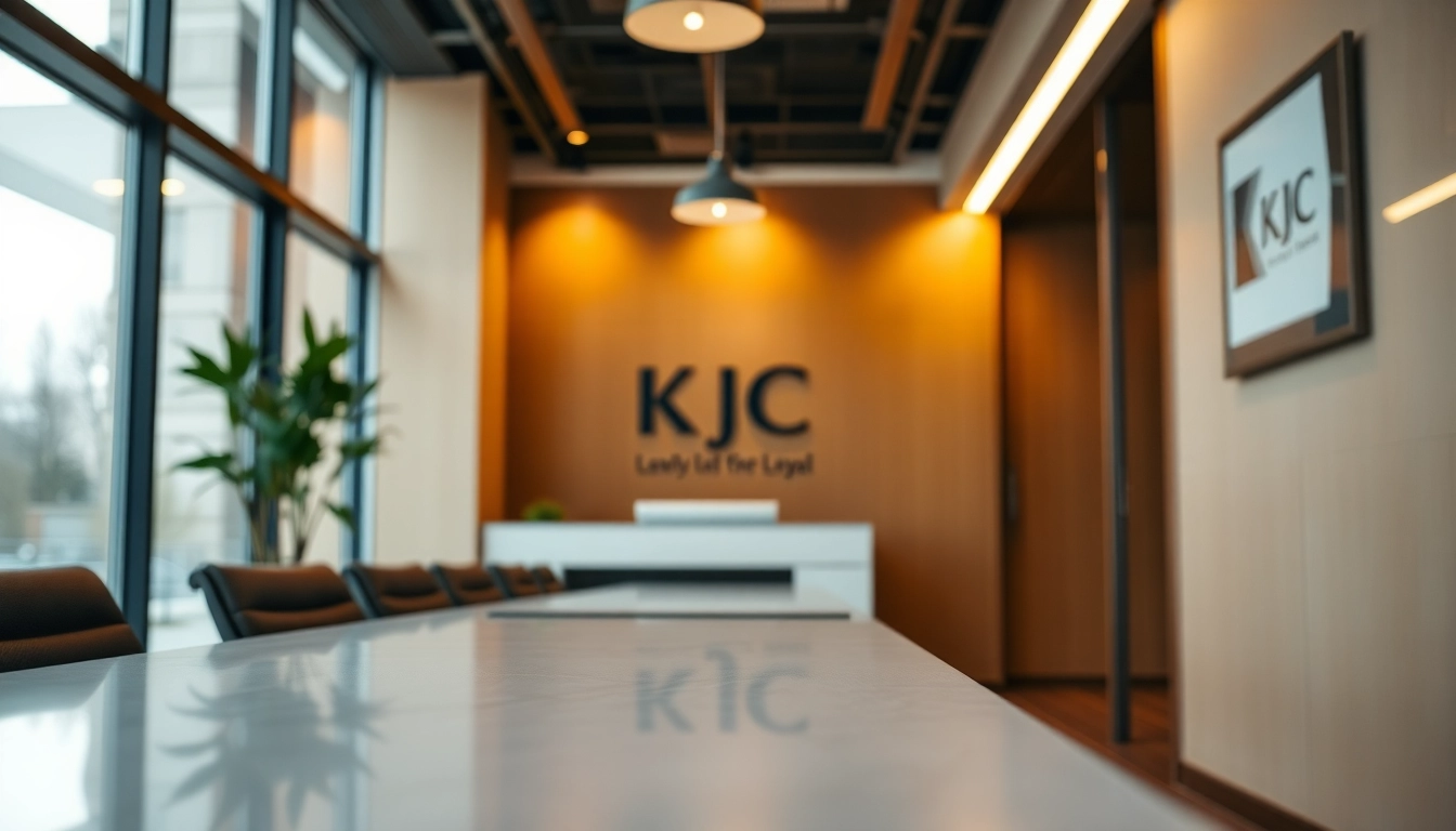 KJC legal services branding with professional office environment, conveying trust and authority