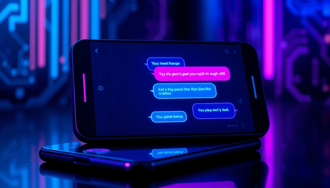 Close-up of a smartphone displaying a vibrant, neon-lit chat interface with suggestive content, set in a dark, futuristic environment.