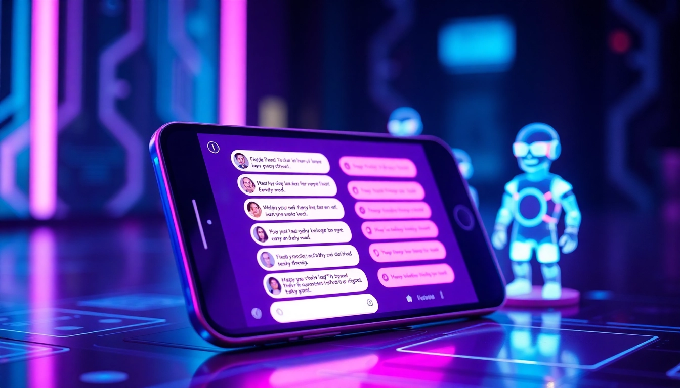 Futuristic digital illustration of a chatbot interface on a device with holographic AI characters and neon lighting, evoking spicy AI conversations.