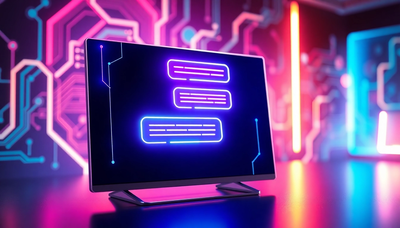 Futuristic chatbot interface with glowing chat bubbles and high-tech background
