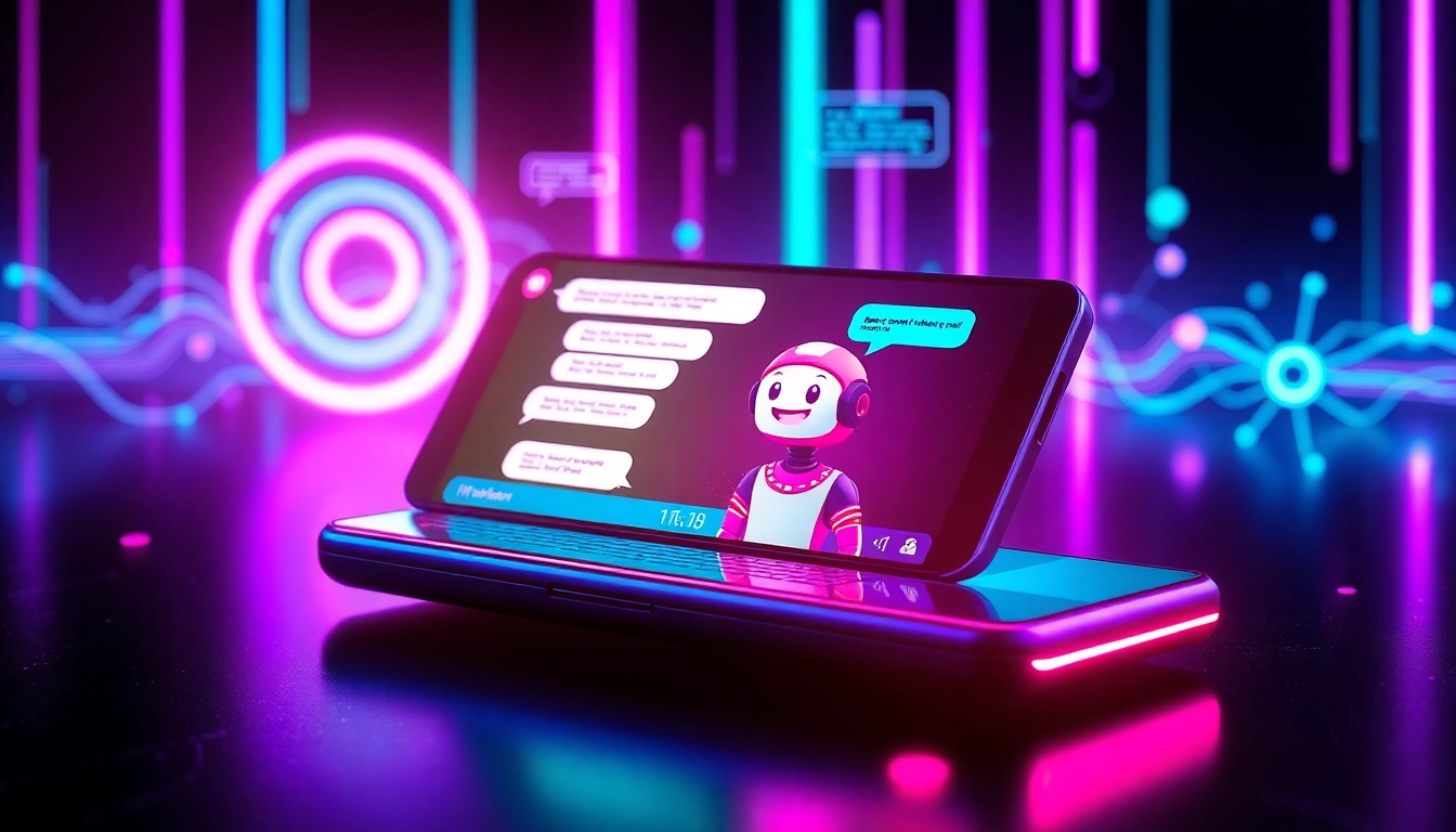 Futuristic digital chat interface with an animated AI character on a sleek device screen, neon colors and cyberpunk style