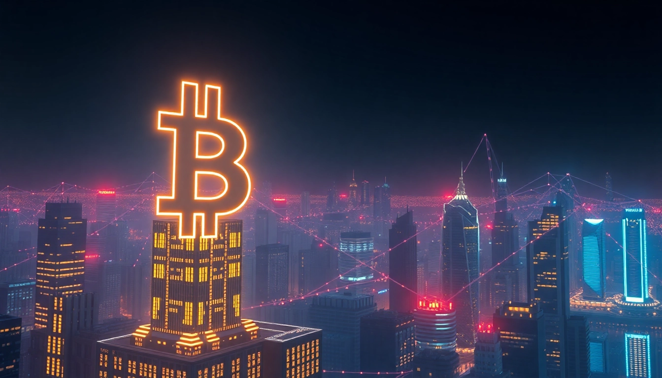 Bitcoin cryptocurrency rising in a high-tech cityscape symbolizing growth and digital