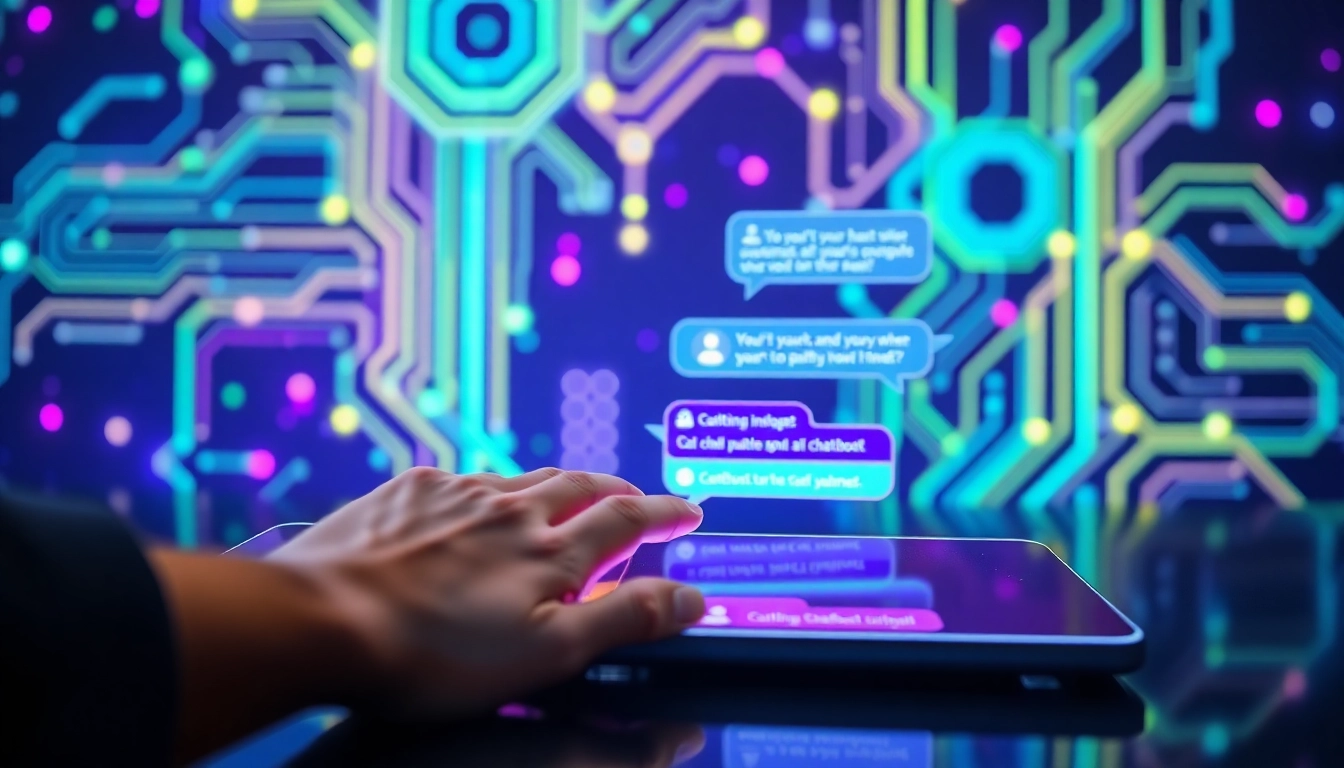 Close-up of a user interacting with a futuristic AI chatbot interface on a sleek screen with colorful chat bubbles and glowing circuitry in the background.