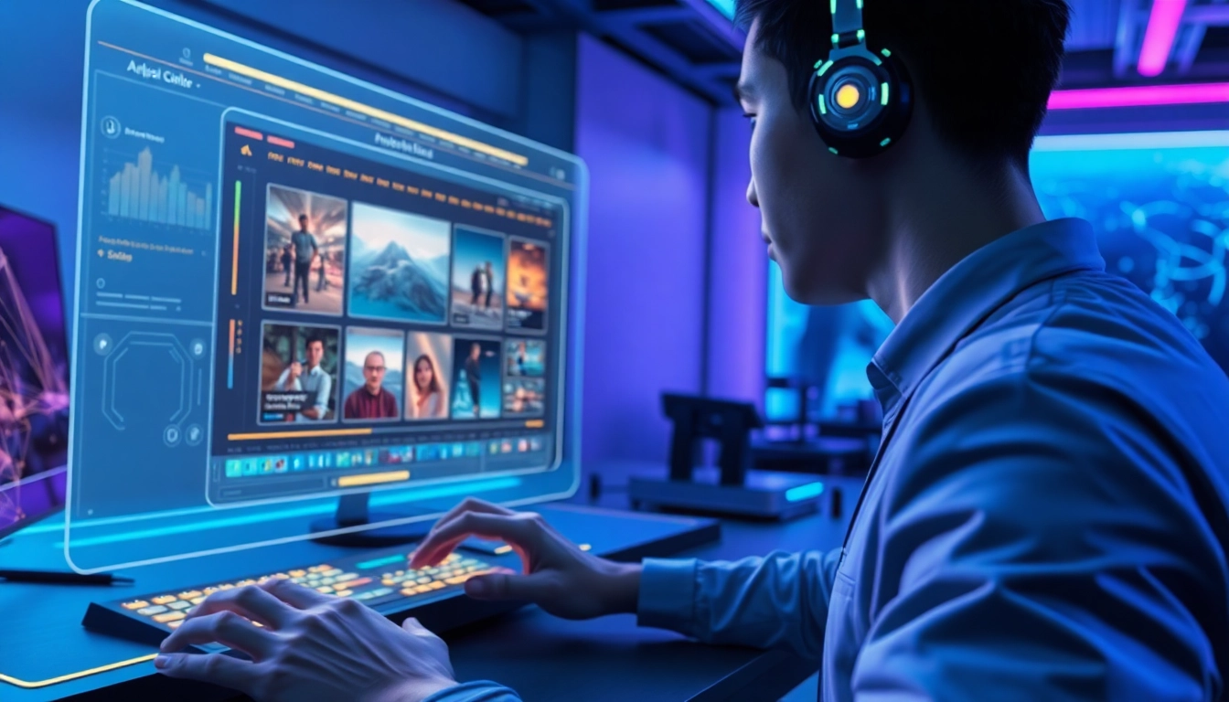 A futuristic user interacting with a holographic AI image editing interface in a modern workspace.