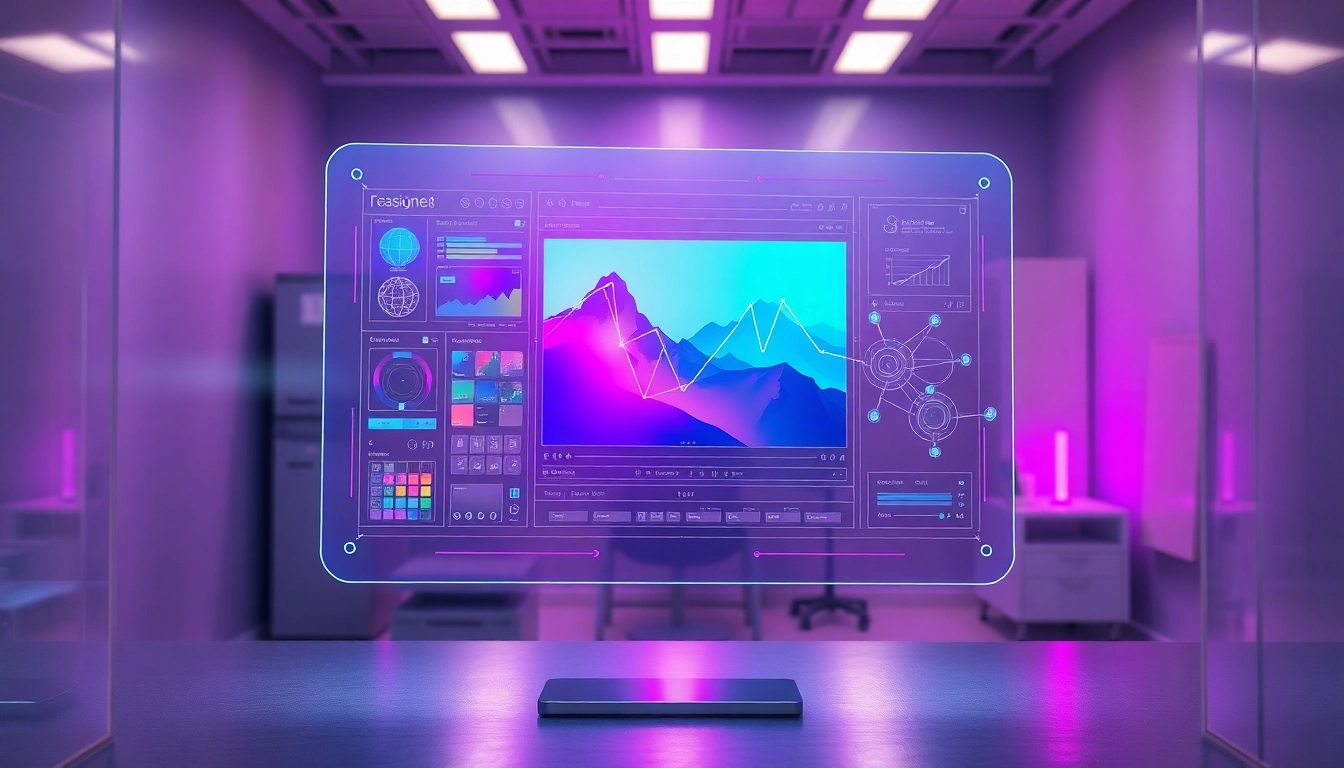 Futuristic AI interface with holographic image editing tools in a high-tech workspace
