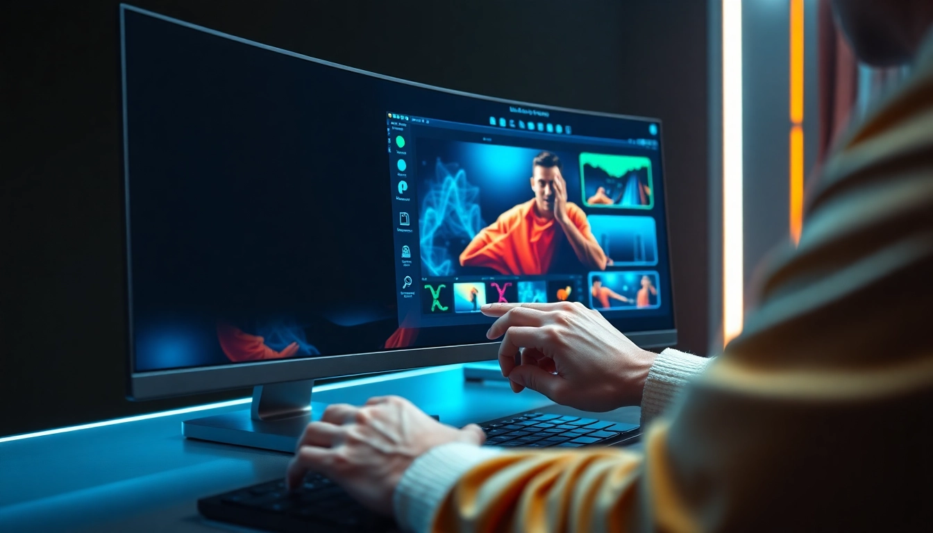 A futuristic workspace with a monitor showcasing advanced AI image editing tools and user hands manipulating images.