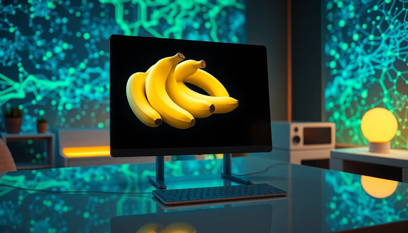 Futuristic workspace showcasing AI-generated banana images on a high-tech computer screen with vibrant colors and modern design.