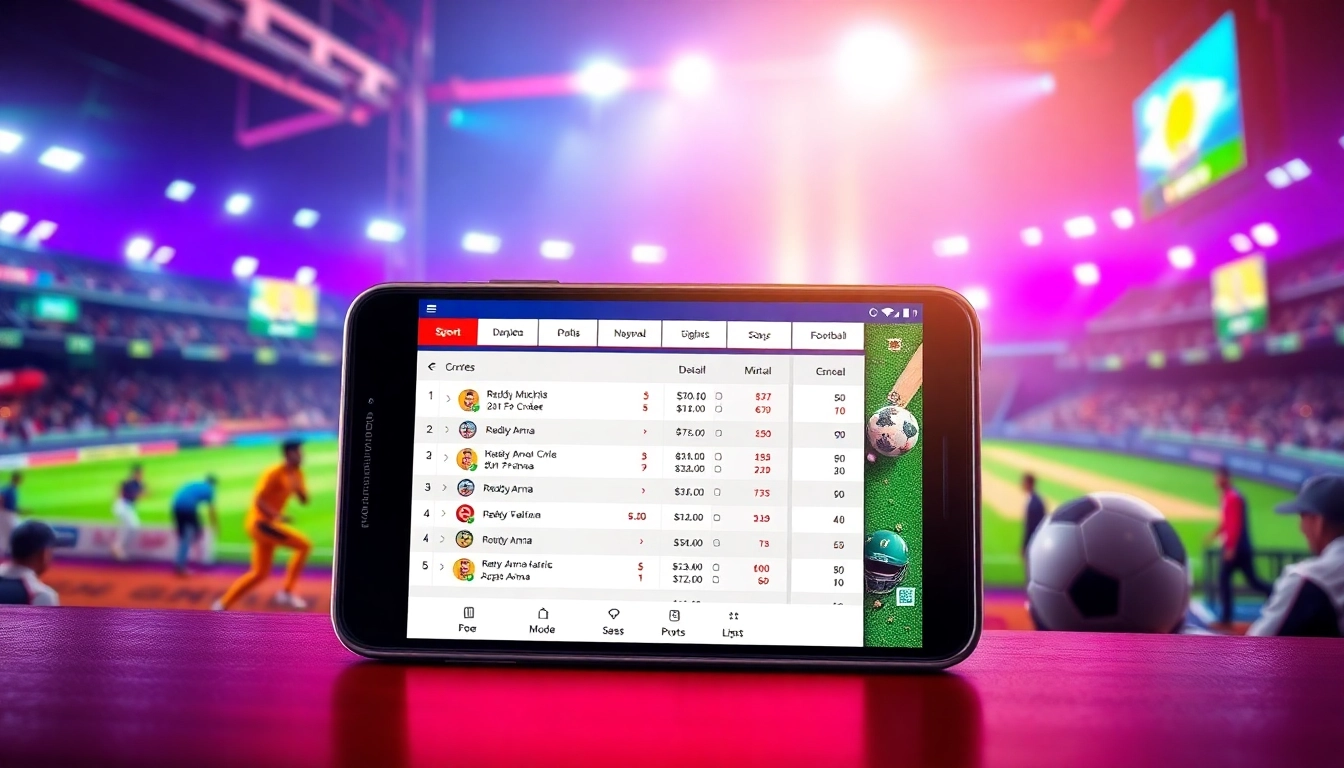 Reddy Anna branding on a mobile device screen showing live sports betting odds with vibrant graphics, highlighting secure online betting experience in India, accessible interface, and exciting gaming options for users.
