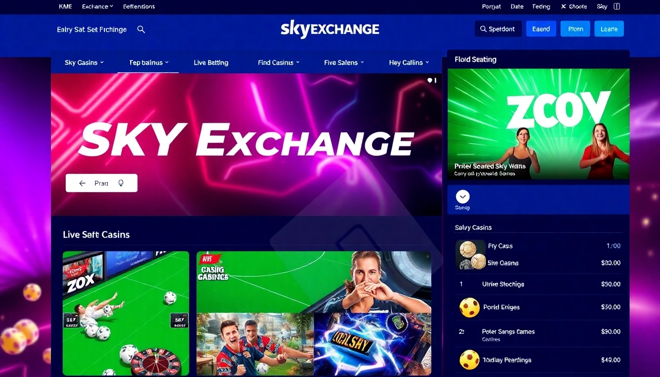 Sky Exchange platform showcasing live casino games and sports betting action with real-time updates for immersive gaming experience.
