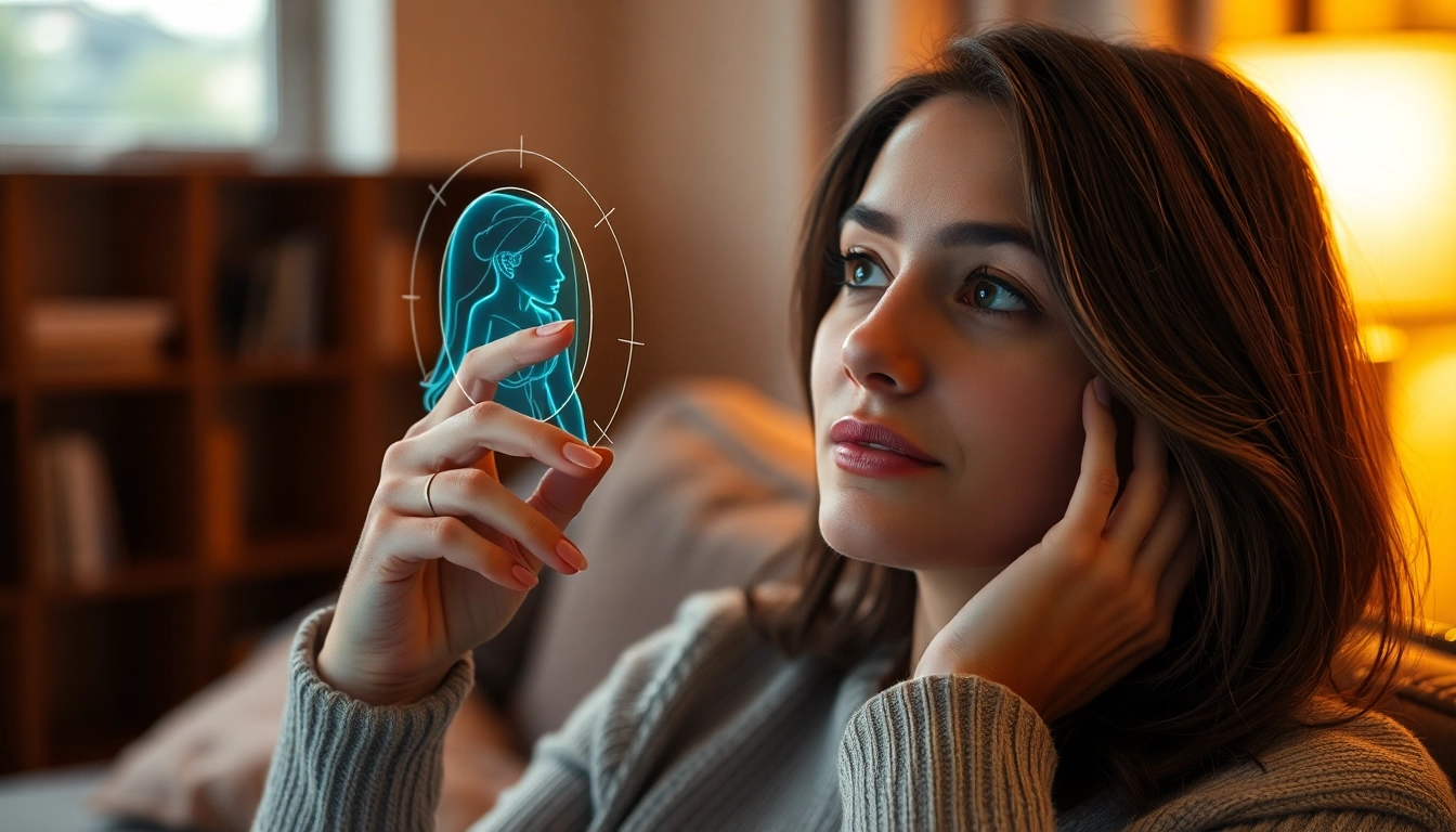 AI girlfriend engaging with a user in a realistic digital interaction, emphasizing connection and intimacy in a modern setting.