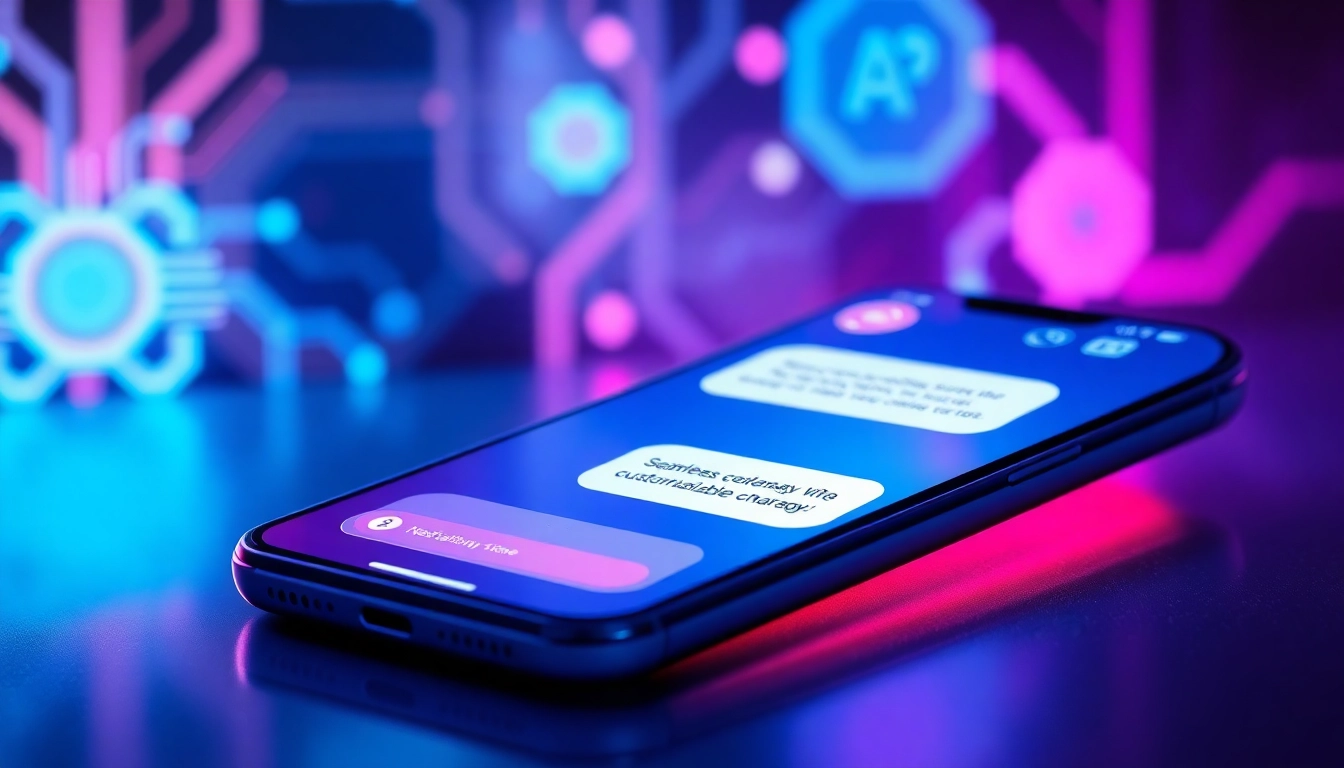 An advanced AI chatbot interface on a smartphone screen with neon colors and digital background, symbolizing modern virtual companionship.