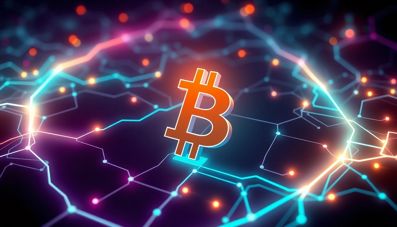 Bitcoin crypto symbol being secured on digital blockchain network, emphasizing modern