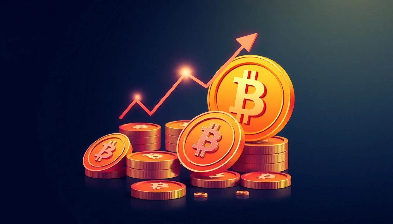 Bitcoin investment concepts featuring rising graph, secure digital coins, and financial growth visuals for modern investors.