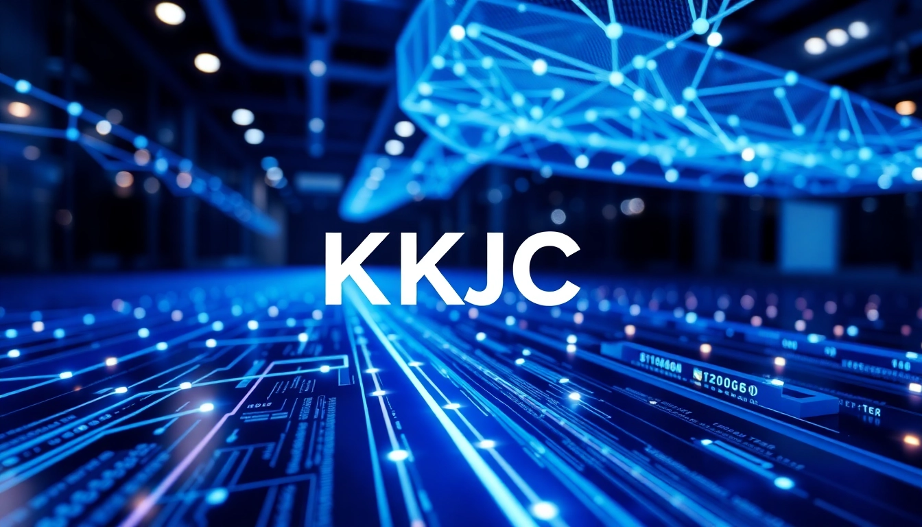KJC logo on a sleek digital background, emphasizing global digital entertainment and technological innovation, embodying professionalism and modernity.