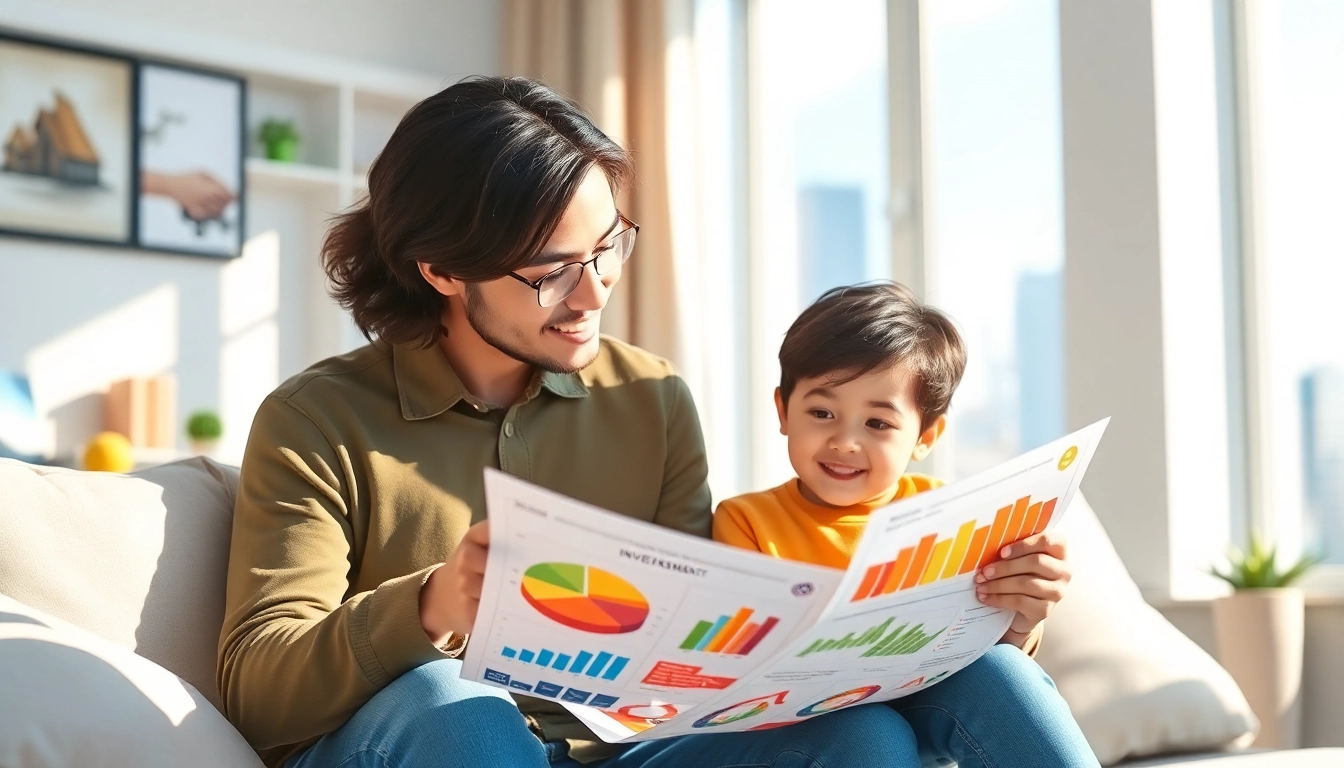 Guide To Investing For Children Parent teaching child with colorful charts and piggy banks in a