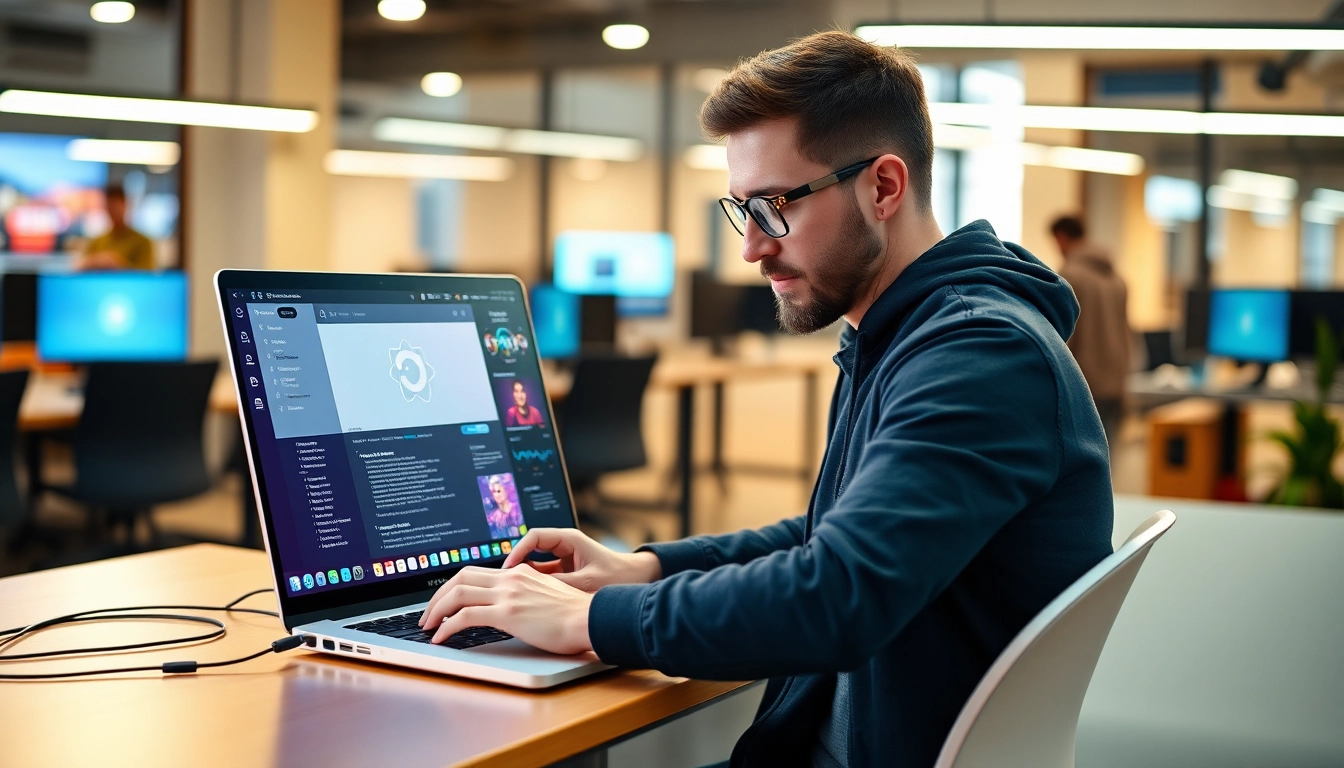 React developer working on a sleek laptop in a modern office for web application development