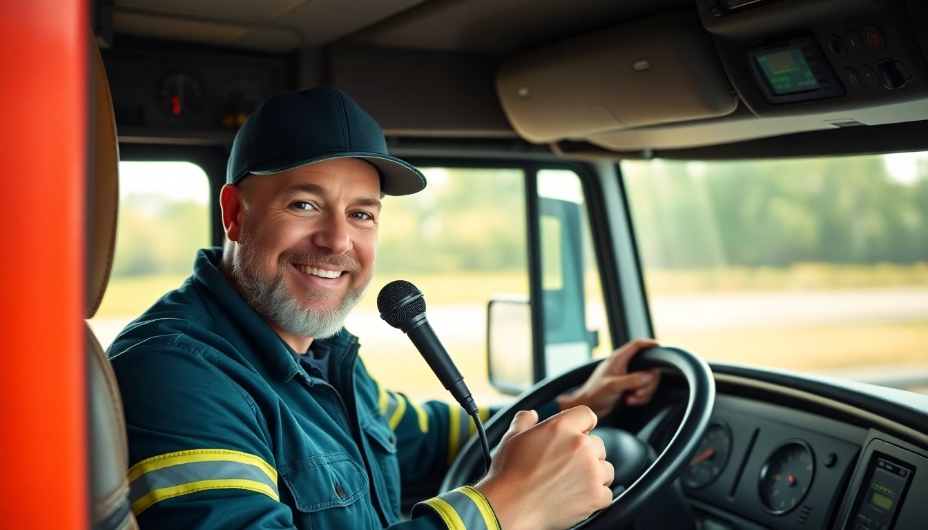 Truckers voice confident professional speaking into microphone inside truck cab