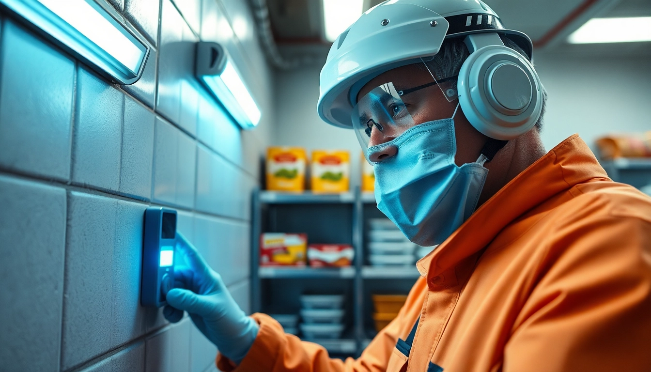Professionele bestrijder controleert een keuken met geavanceerde technieken tegen muizen.
