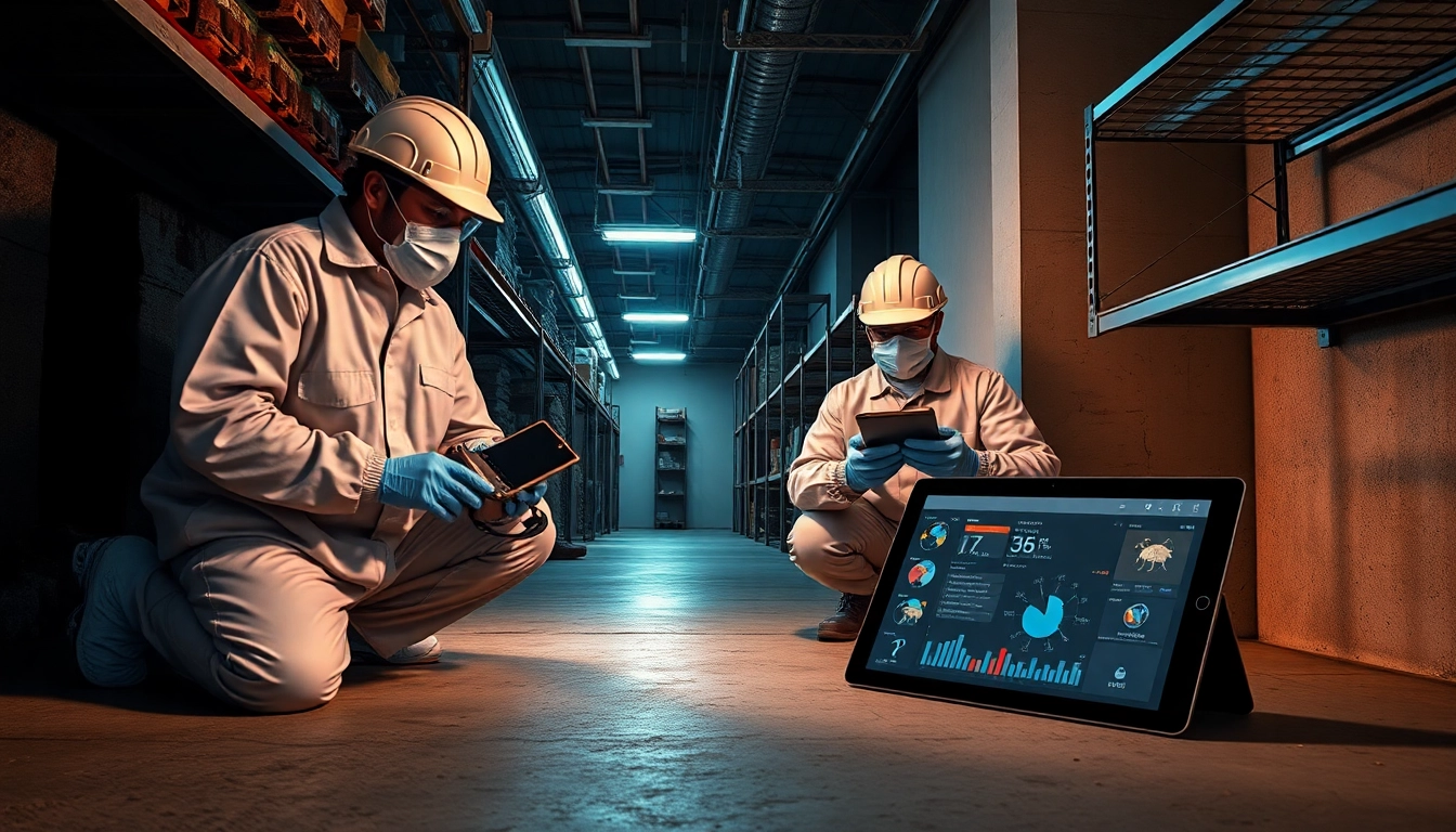 Professional pest control technicians inspecting a warehouse for mice using UV lamps and electronic monitoring devices.