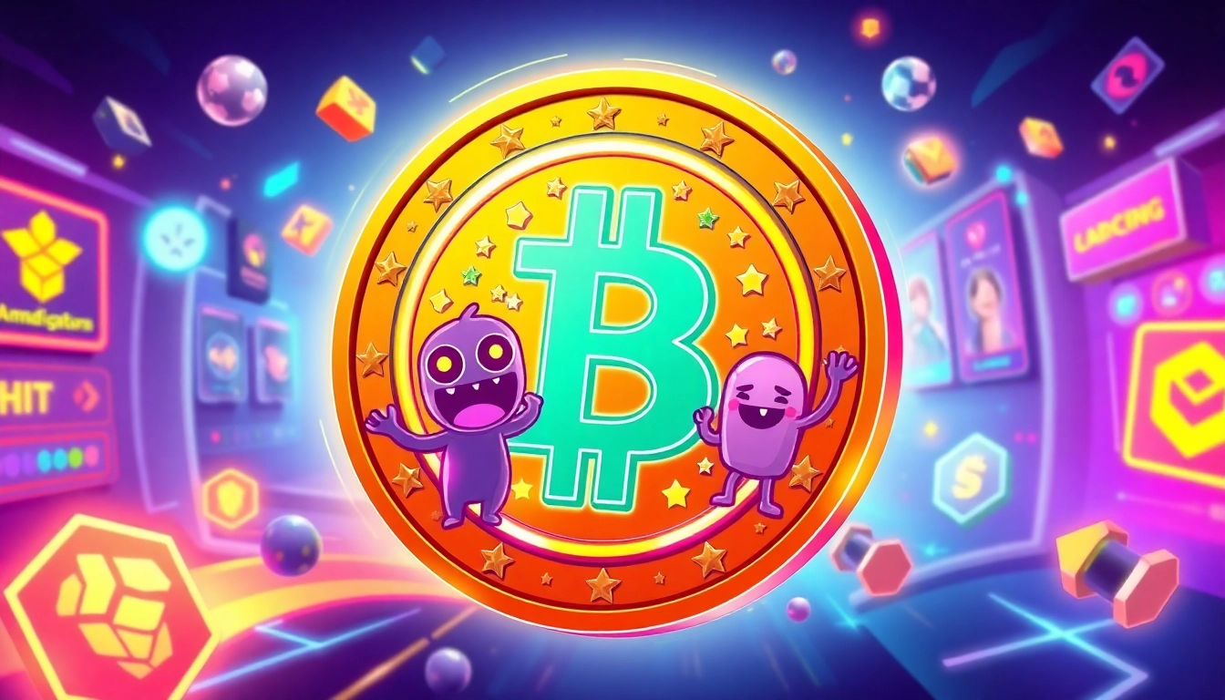 Engaging graphic of a Crypto Meme Coin surrounded by meme characters and blockchain symbols,