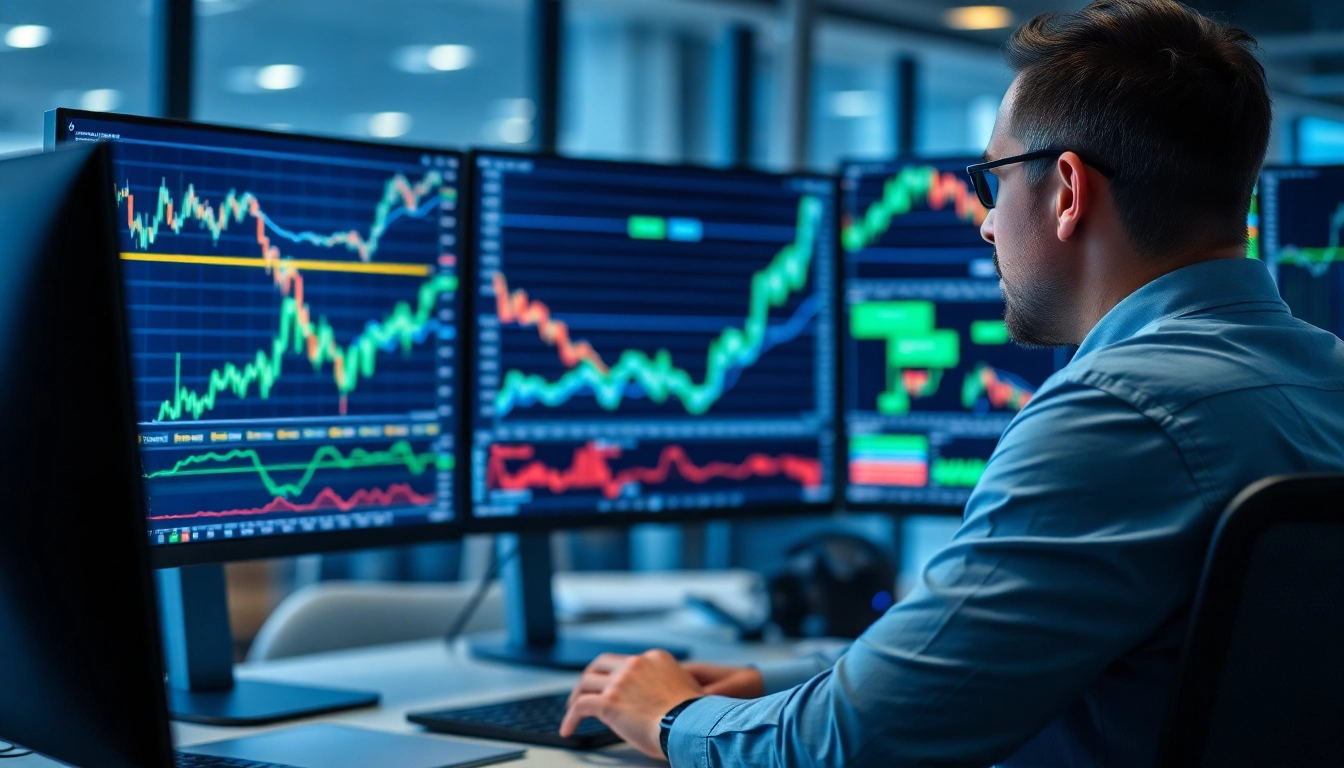 A financial analyst reviews Trading Investment News headlines and stock charts on multiple