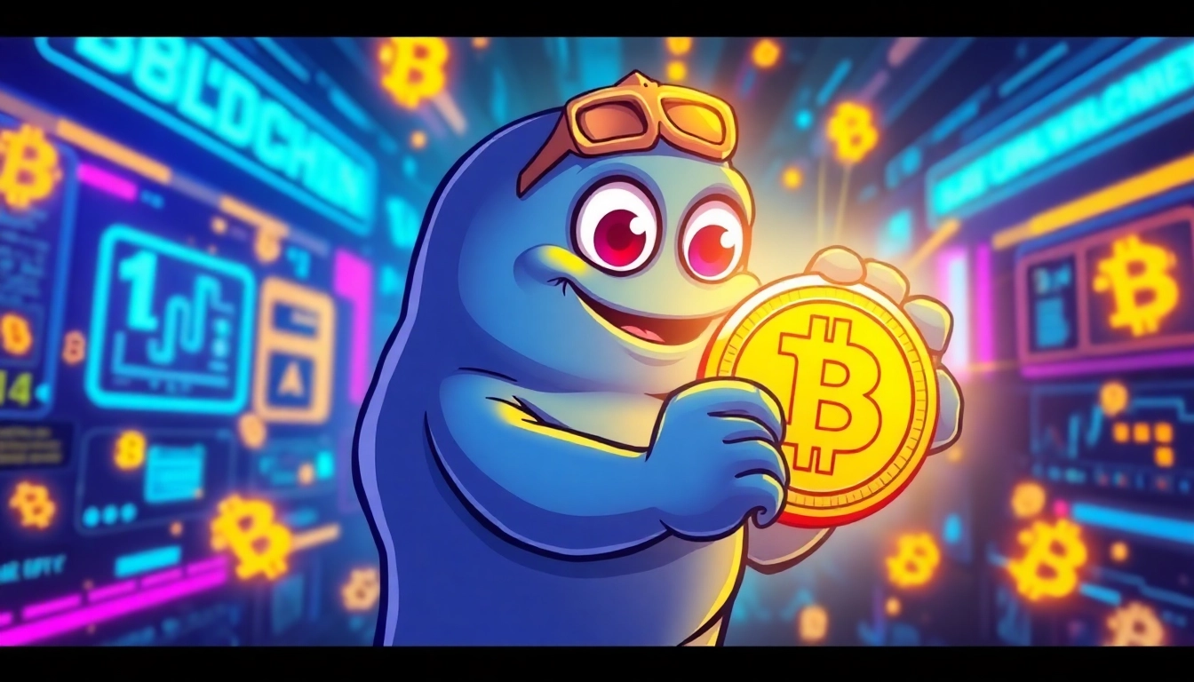 Engaging Crypto Meme Coin featuring a lively Pepe character with vibrant blockchain elements