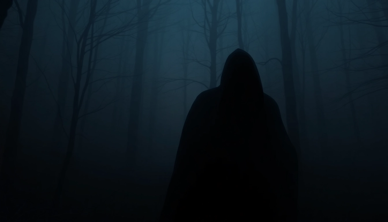 Visually striking horror video scene featuring a mysterious figure in a dark forest with fog, creating suspense and intrigue for viewers.