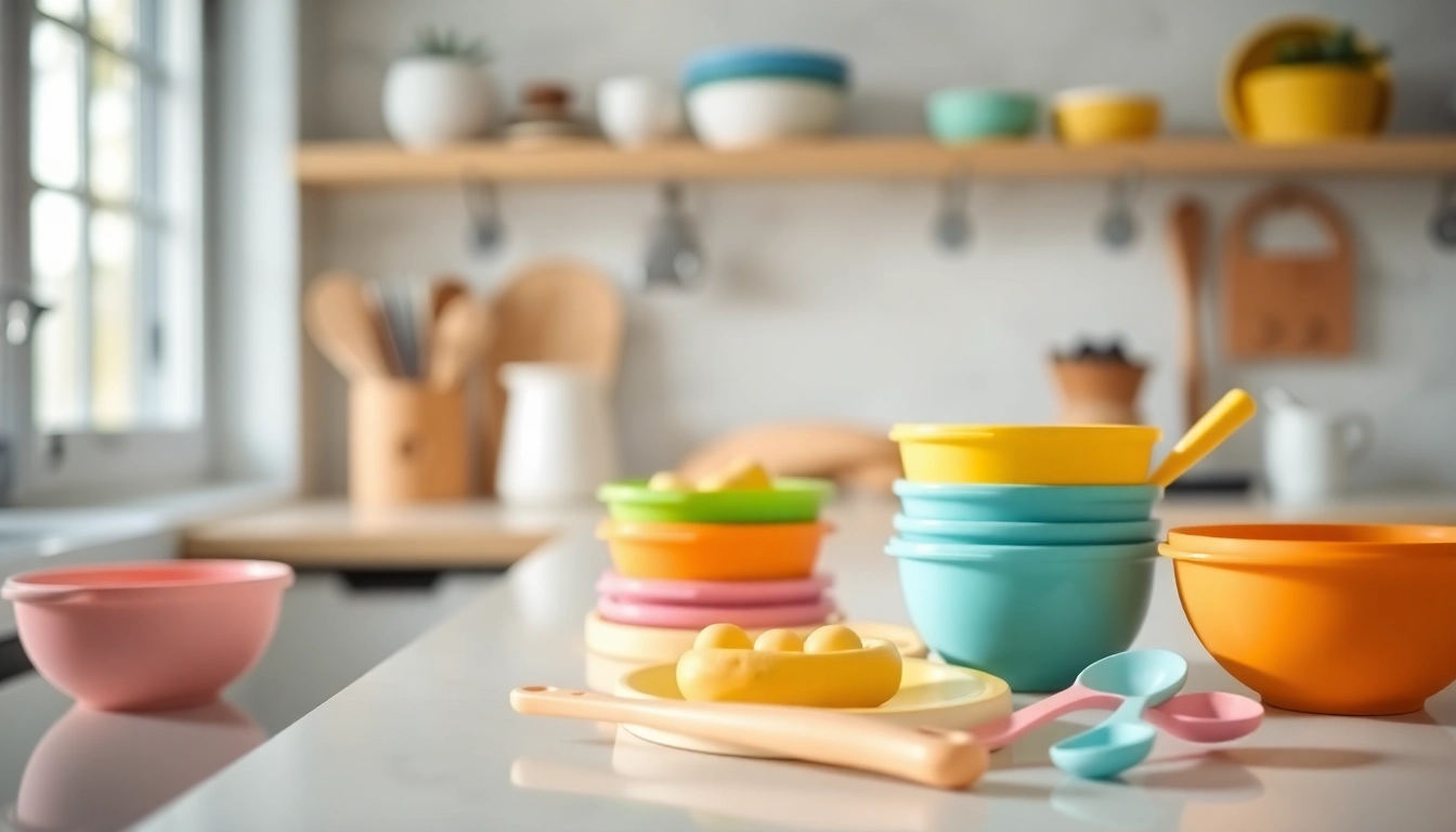 Healthy baby food served on silicone plates and utensils promoting Alimenti sani per bambini