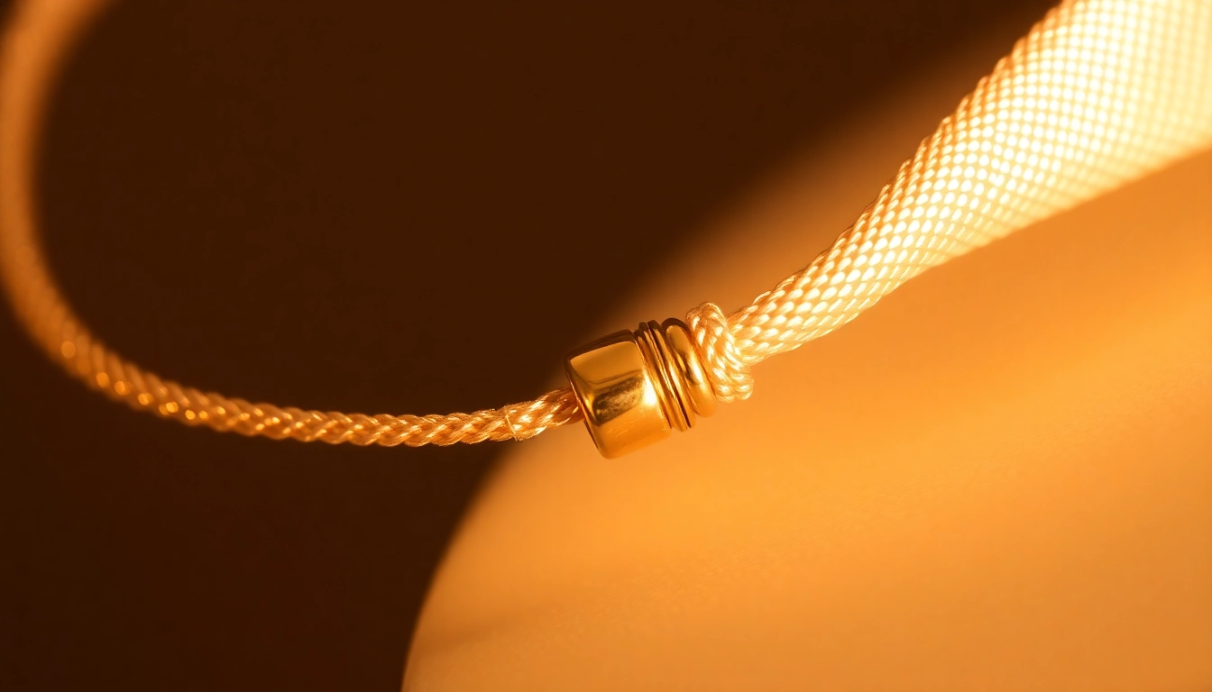 Showcase of a gold bracelet on a silk cord highlighting the elegance of zota bransoletka na