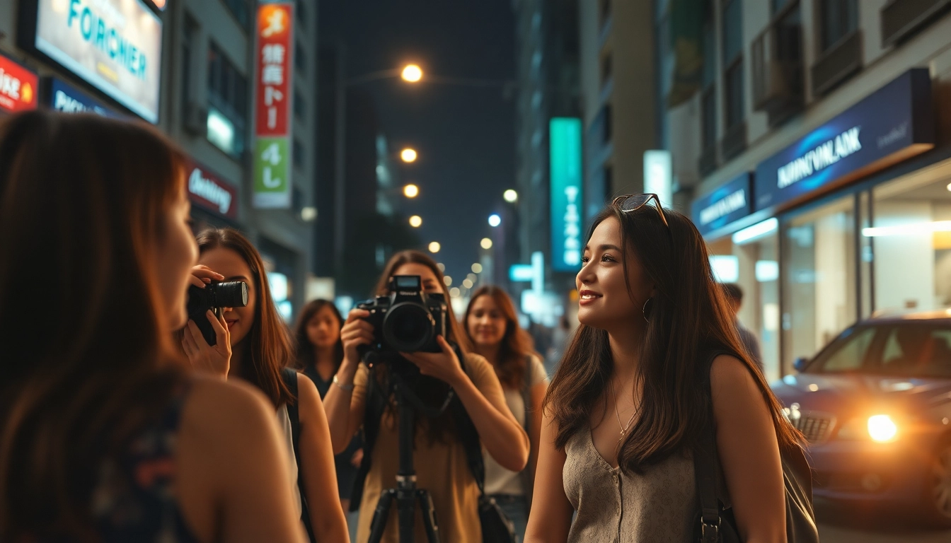 Visually appealing scene showing women filming honest rychle prachy videa on city streets with